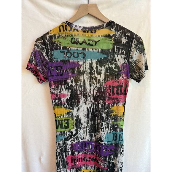 Vintage NYC Womens Y2K Mesh Graffiti Midi Top Size S Club Cyber Art Rave Grunge - Picture 11 of 13
